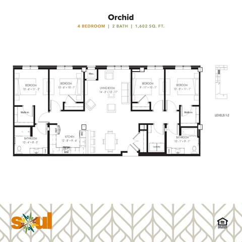 A floor plan for a 2 bathroom, 4 bedroom Orchid home.
